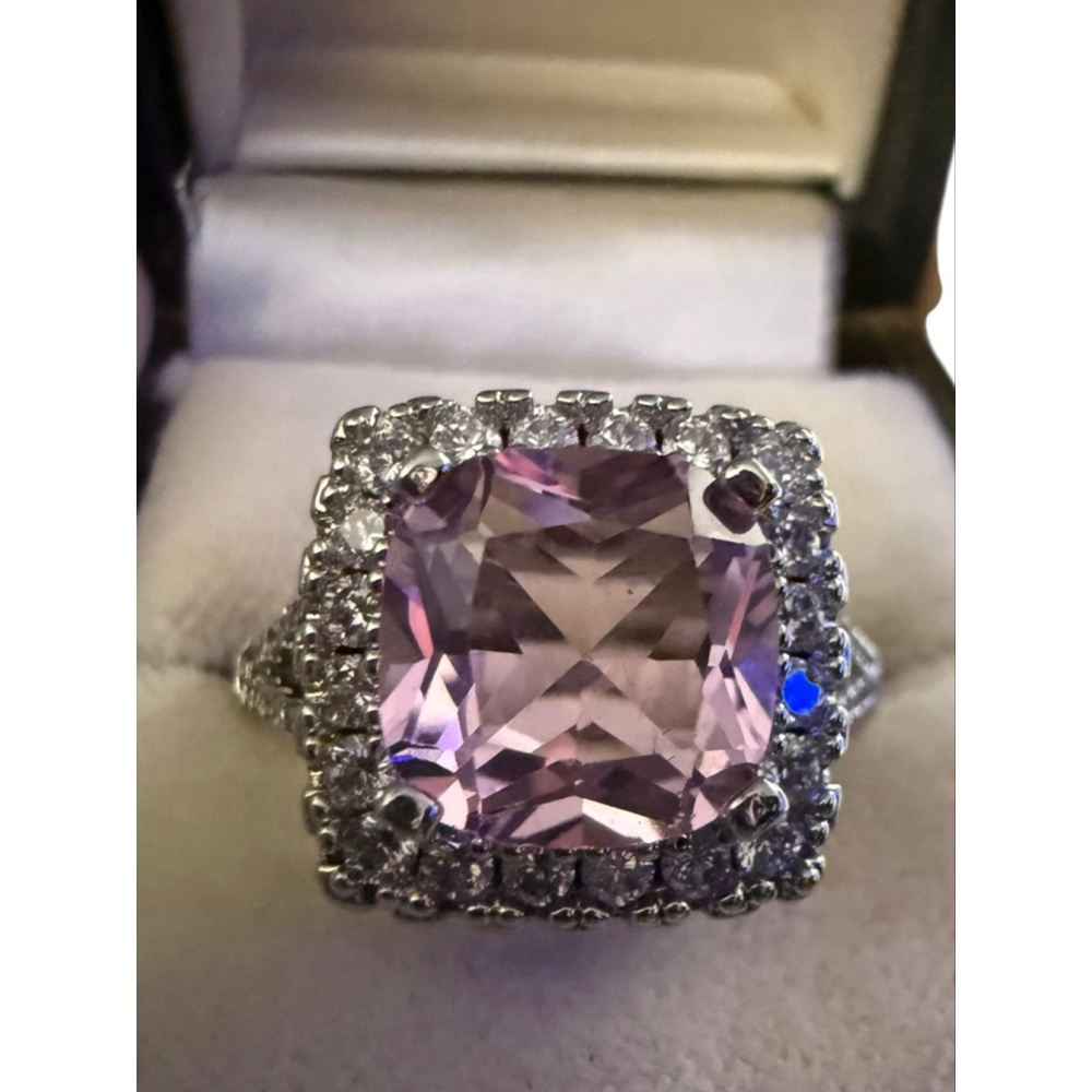 Pink Cubic Zirconia Cushion Cut 925 Silver Halo Ring
